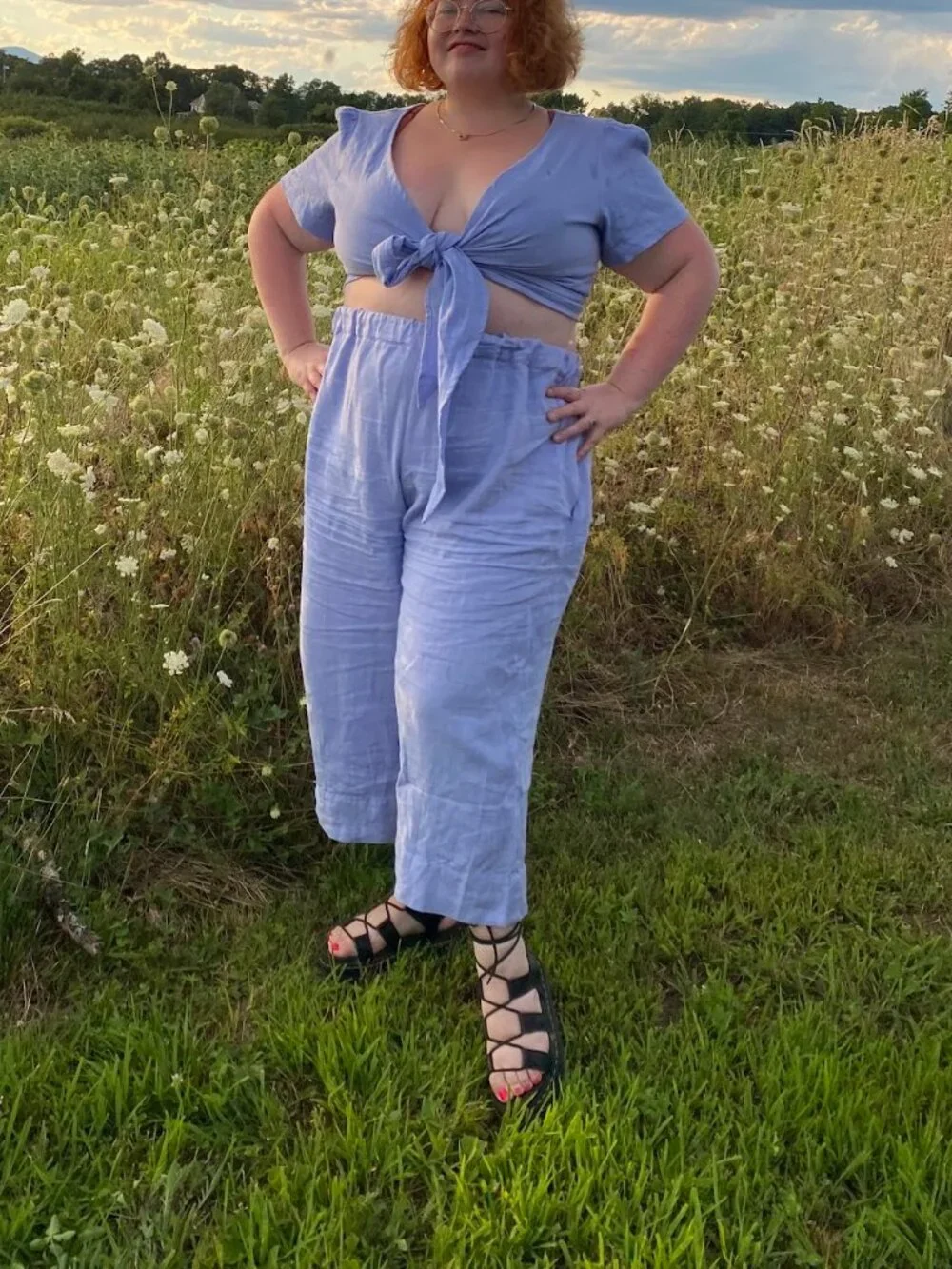 Nettle Studios Periwinkle Cornflower Blue Linen Tied Crop Top Sz XL